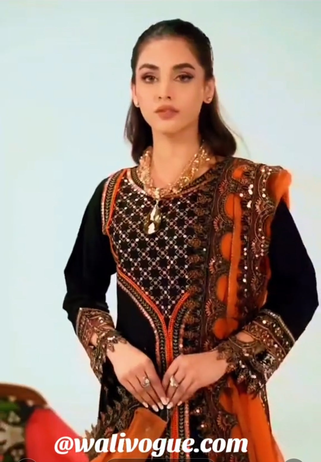 Black and Mustard Maxi with cutwork and embellished with sequins pairs with Chiffon dupatta