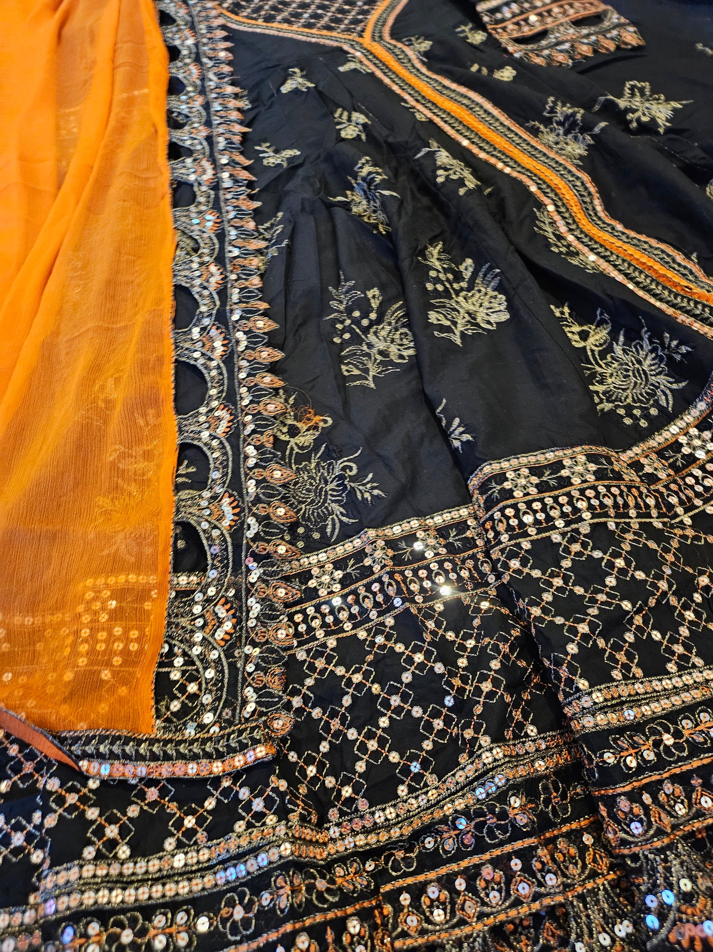 Black and Mustard Maxi with cutwork and embellished with sequins pairs with Chiffon dupatta