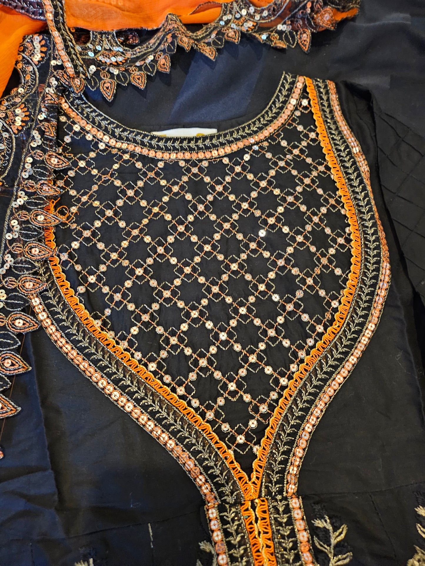 Black and Mustard Maxi with cutwork and embellished with sequins pairs with Chiffon dupatta