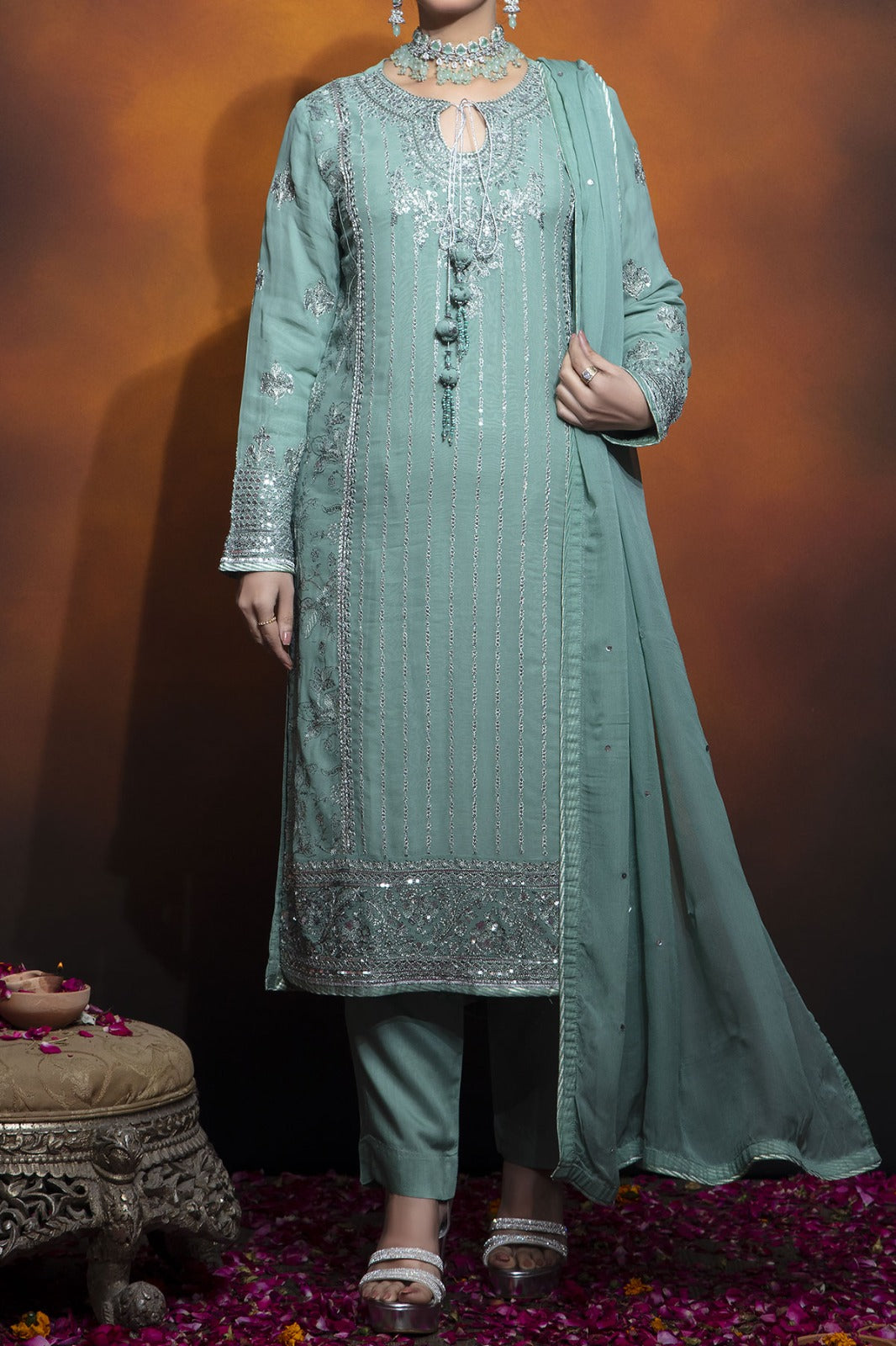 Blue 3-piece suit with embroidery and embellished neckline