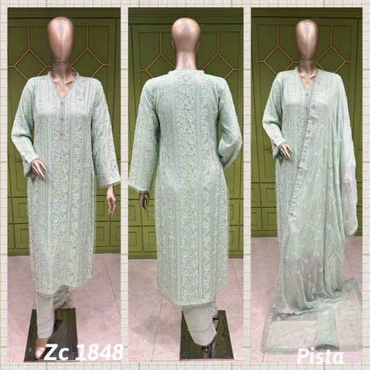Sea Green (Pista)  Embroidered Embellished Suit
