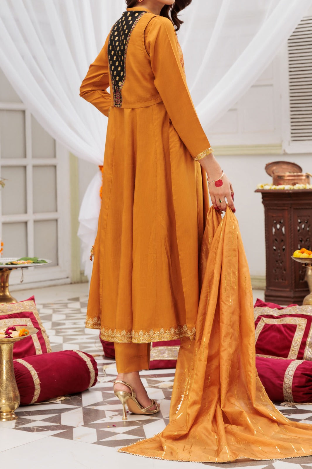 Mustard embroidered frock with screen printing and tilla work