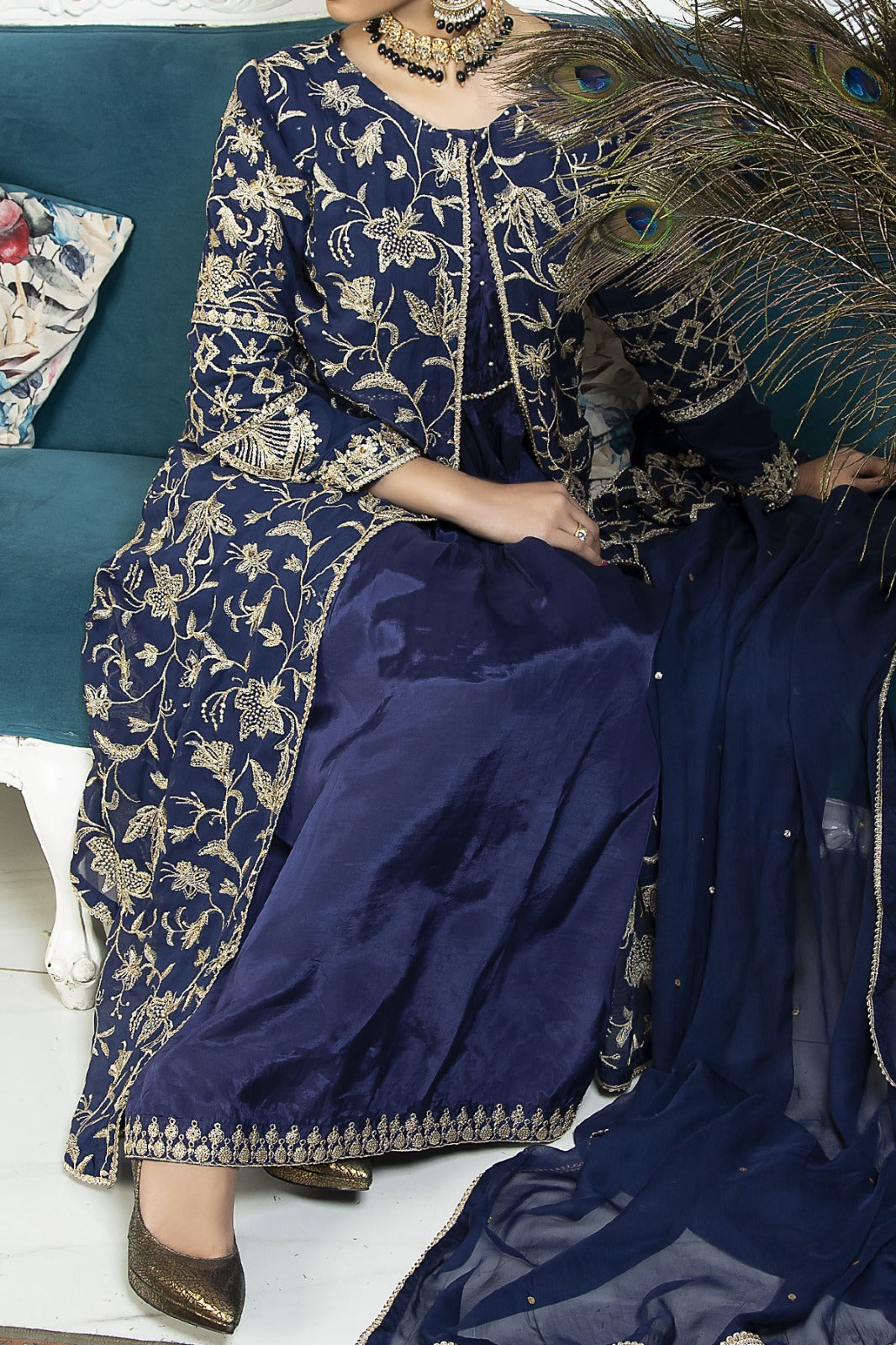 Blue Open Gown style Maxi with Embroidery and Hand embellishments comes with chiffon dupatta and straight trousers.