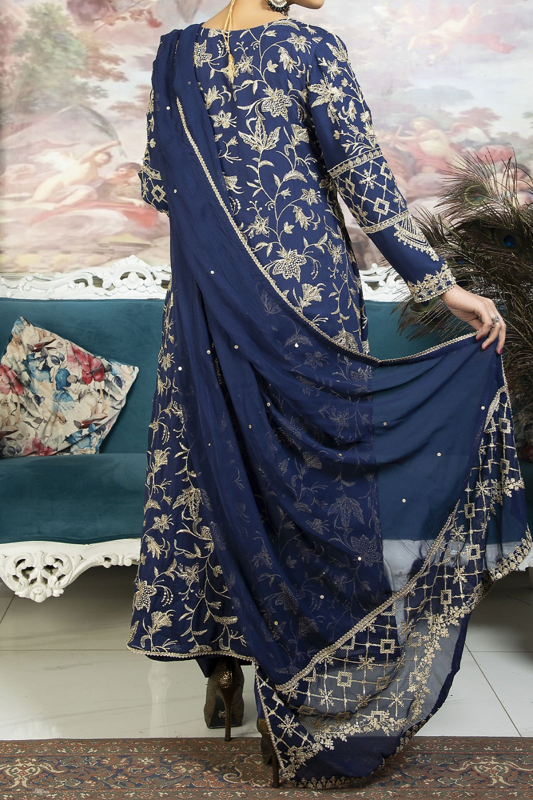 Blue Open Gown style Maxi with Embroidery and Hand embellishments comes with chiffon dupatta and straight trousers.