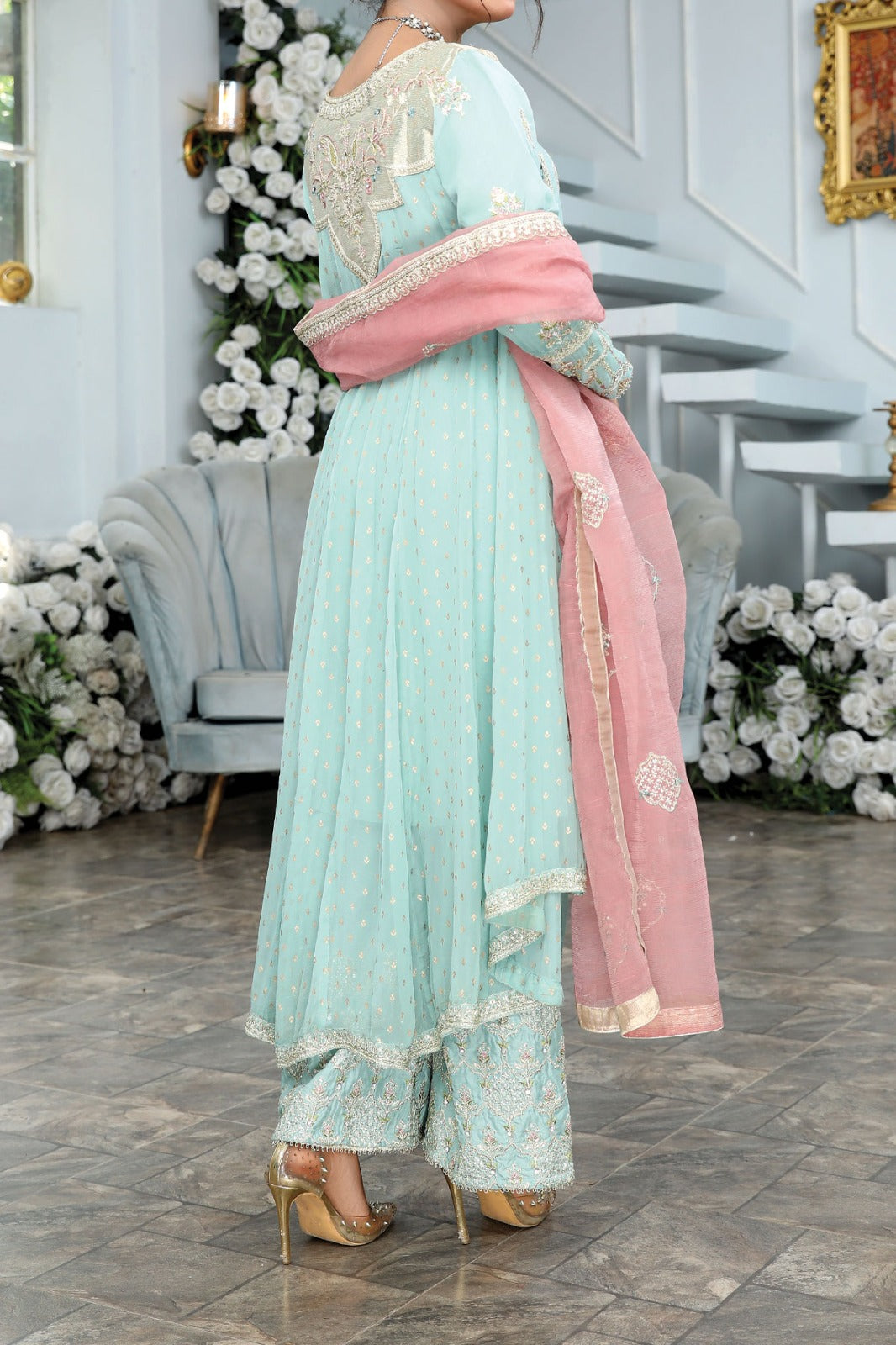 Blue embroidered Chiffon gown with cuollotes and Pink slub organza dupatta