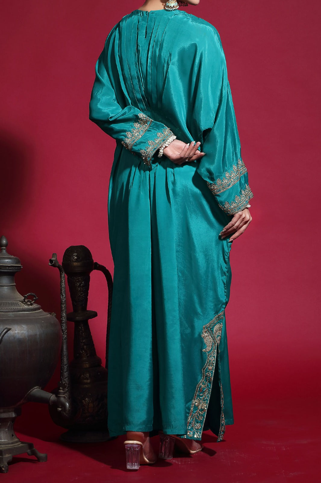 Blue Viscose embroidered Neckline Kaftan Style Maxi with straight trouser and Chiffon dupatta