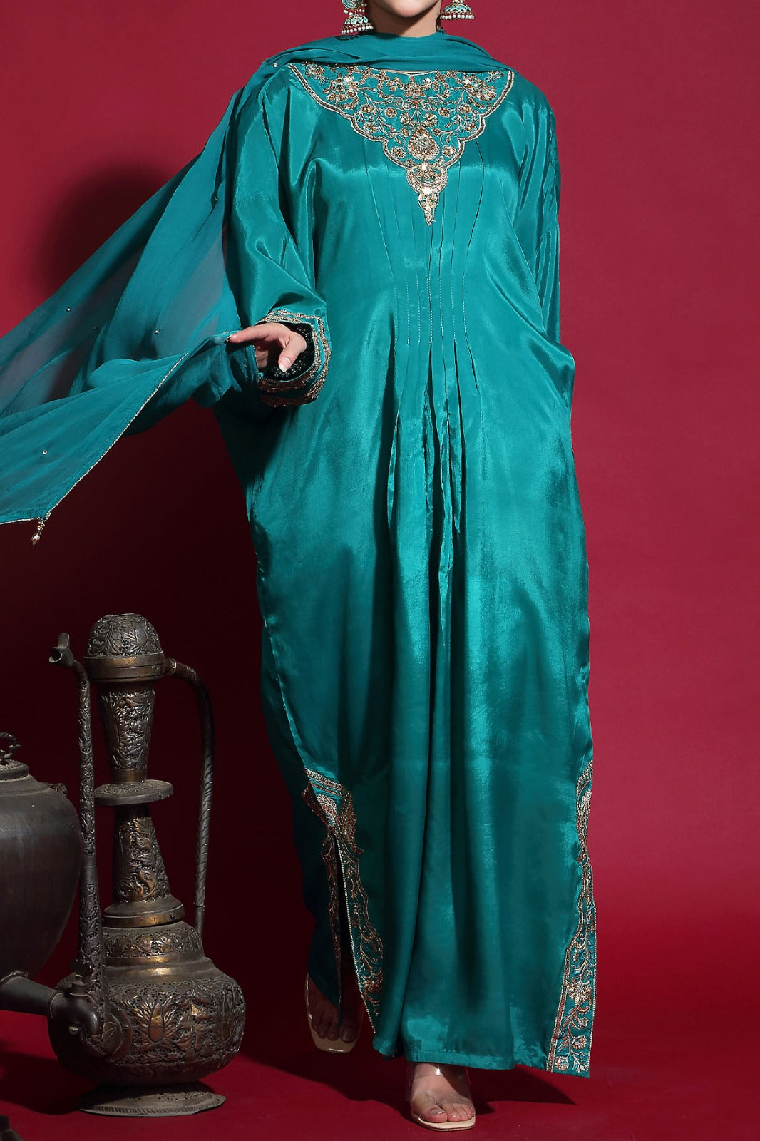 Blue Viscose embroidered Neckline Kaftan Style Maxi with straight trouser and Chiffon dupatta