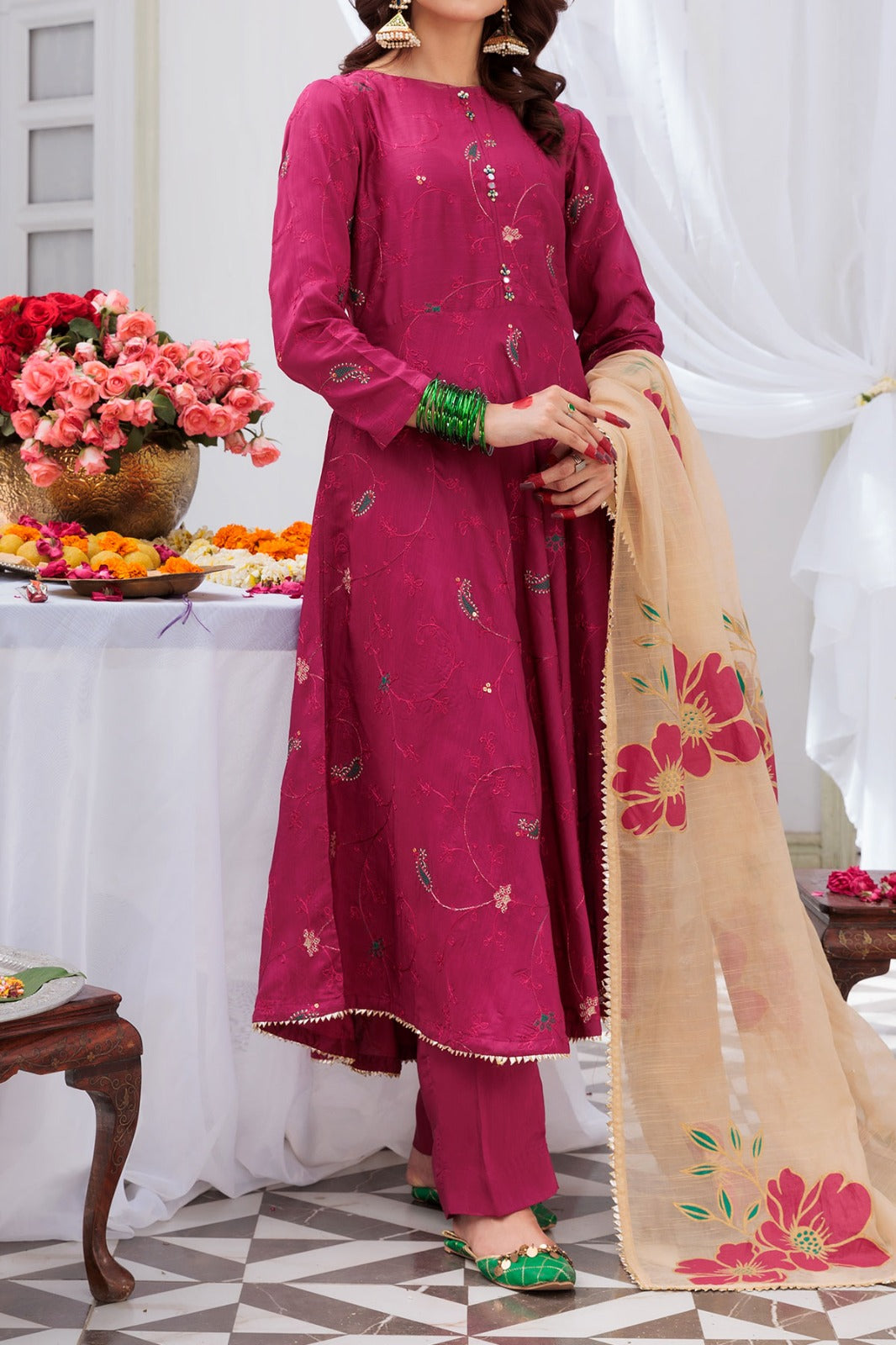 Pink embroidered viscose frock with trouser and Screen printed slub dupatta