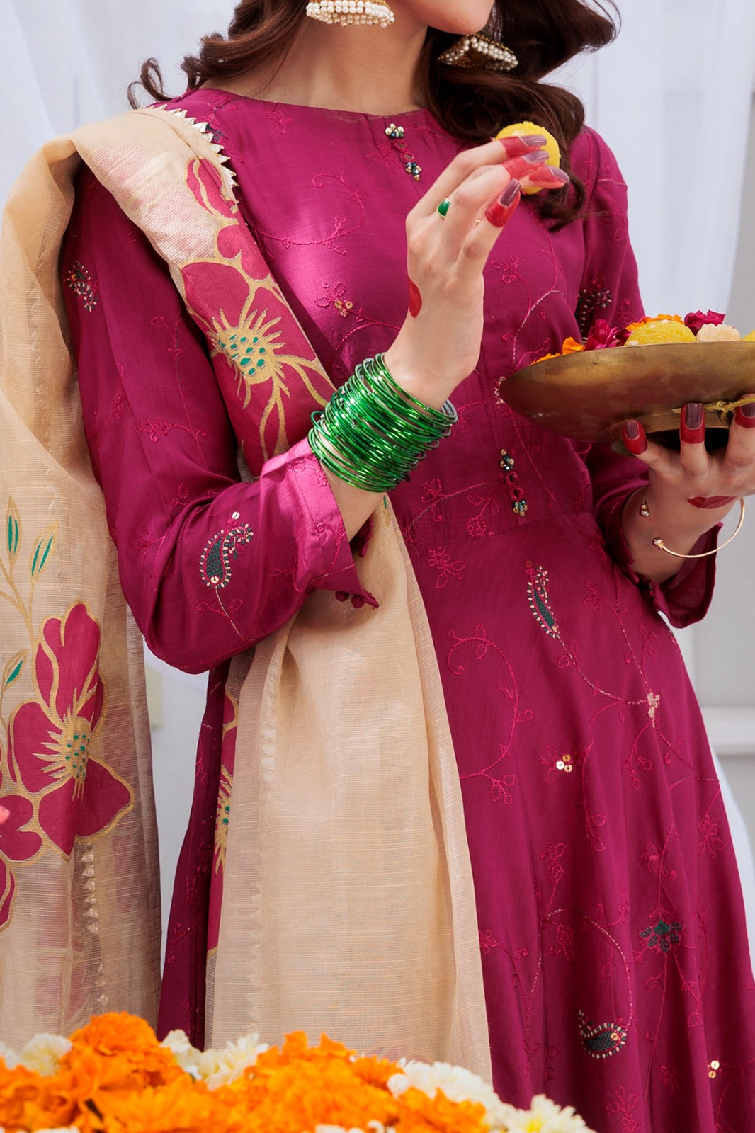 Pink embroidered viscose frock with trouser and Screen printed slub dupatta