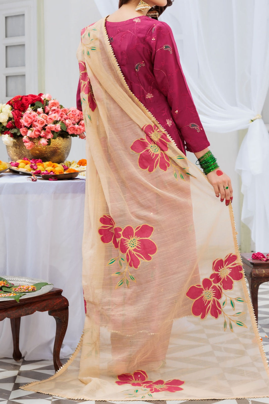 Pink embroidered viscose frock with trouser and Screen printed slub dupatta