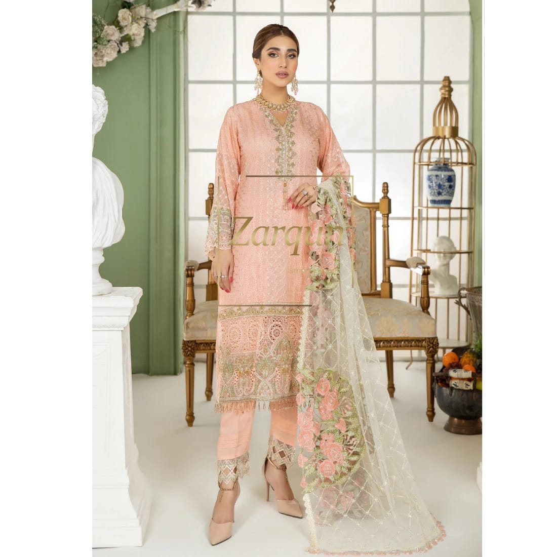 Embroidered & Embellished Blush Pink Boring suit with WhiteFloral Laced dupatta