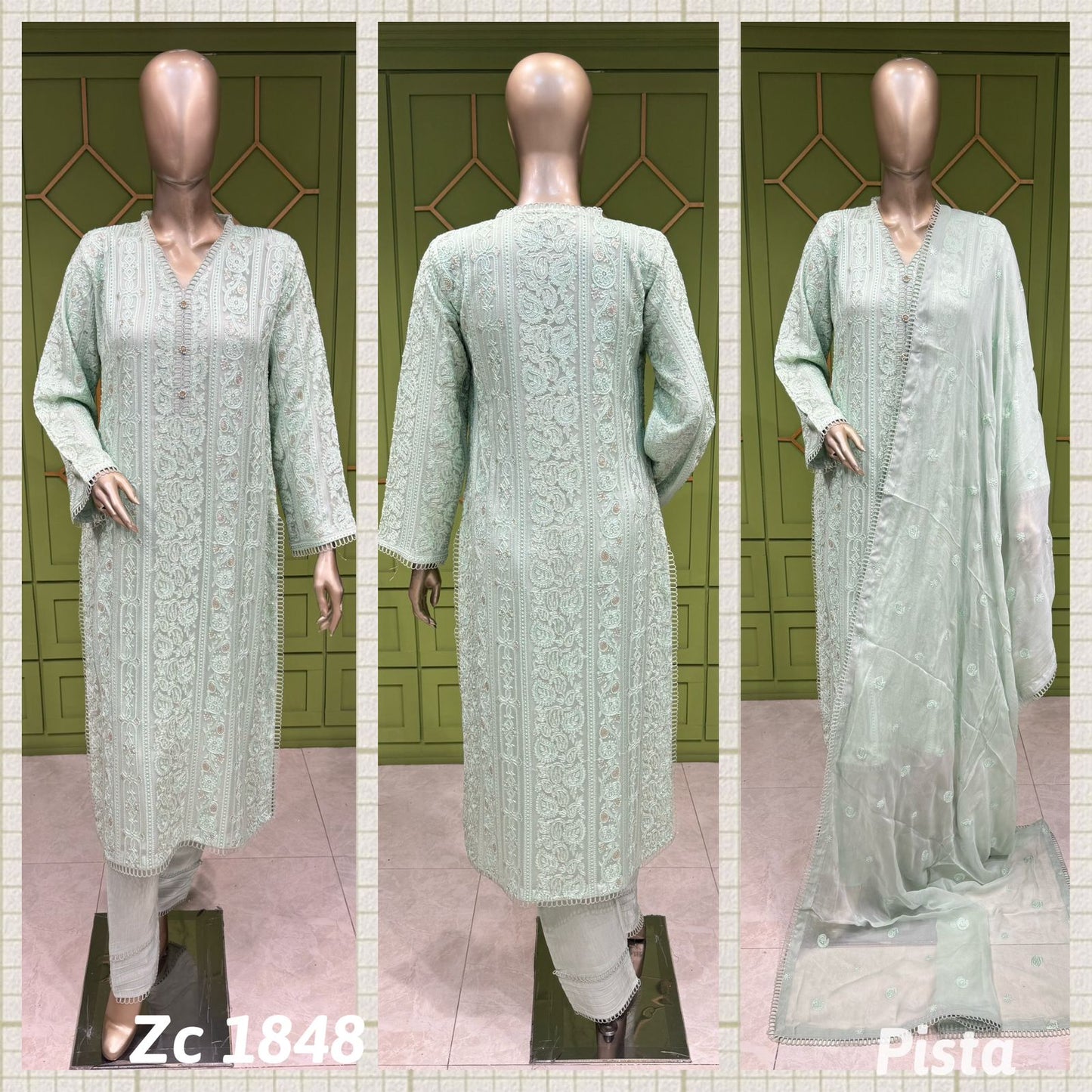 Sea Green (Pista)  Embroidered Embellished Suit