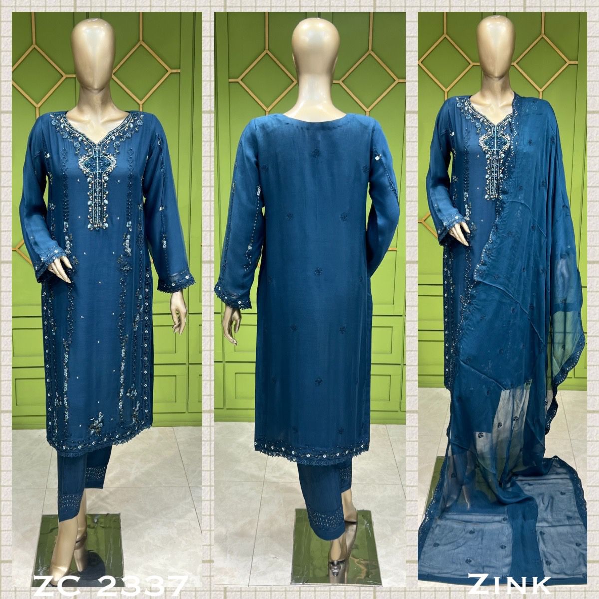 Zinc Teal Embellished & Embroidered Suit