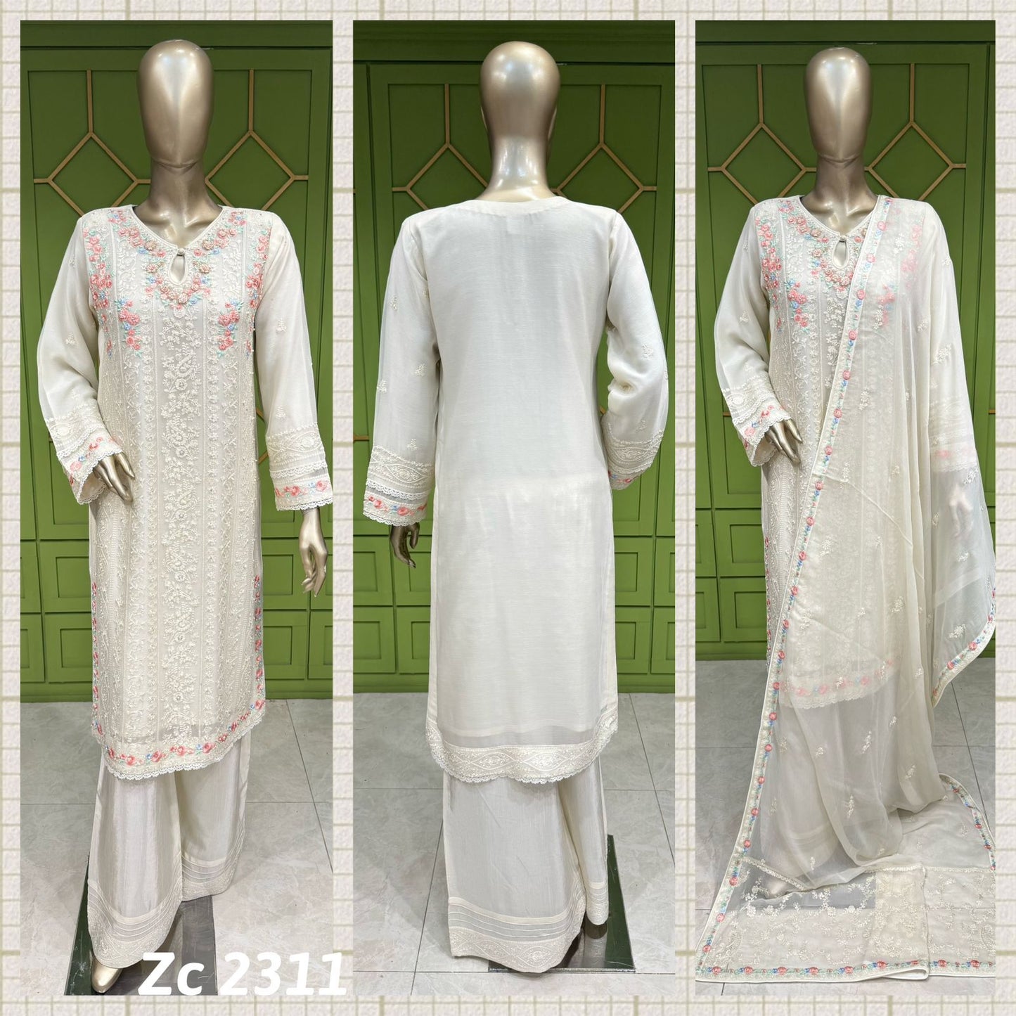 White Shirt with Pink embroidery and bordered dupatta pairs with long cullotes