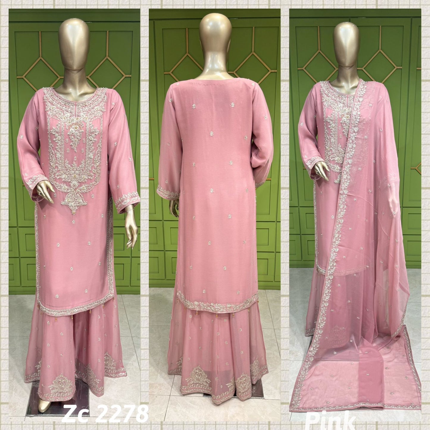 Chiffon pink suit with Embroidered Neckline and Sharara