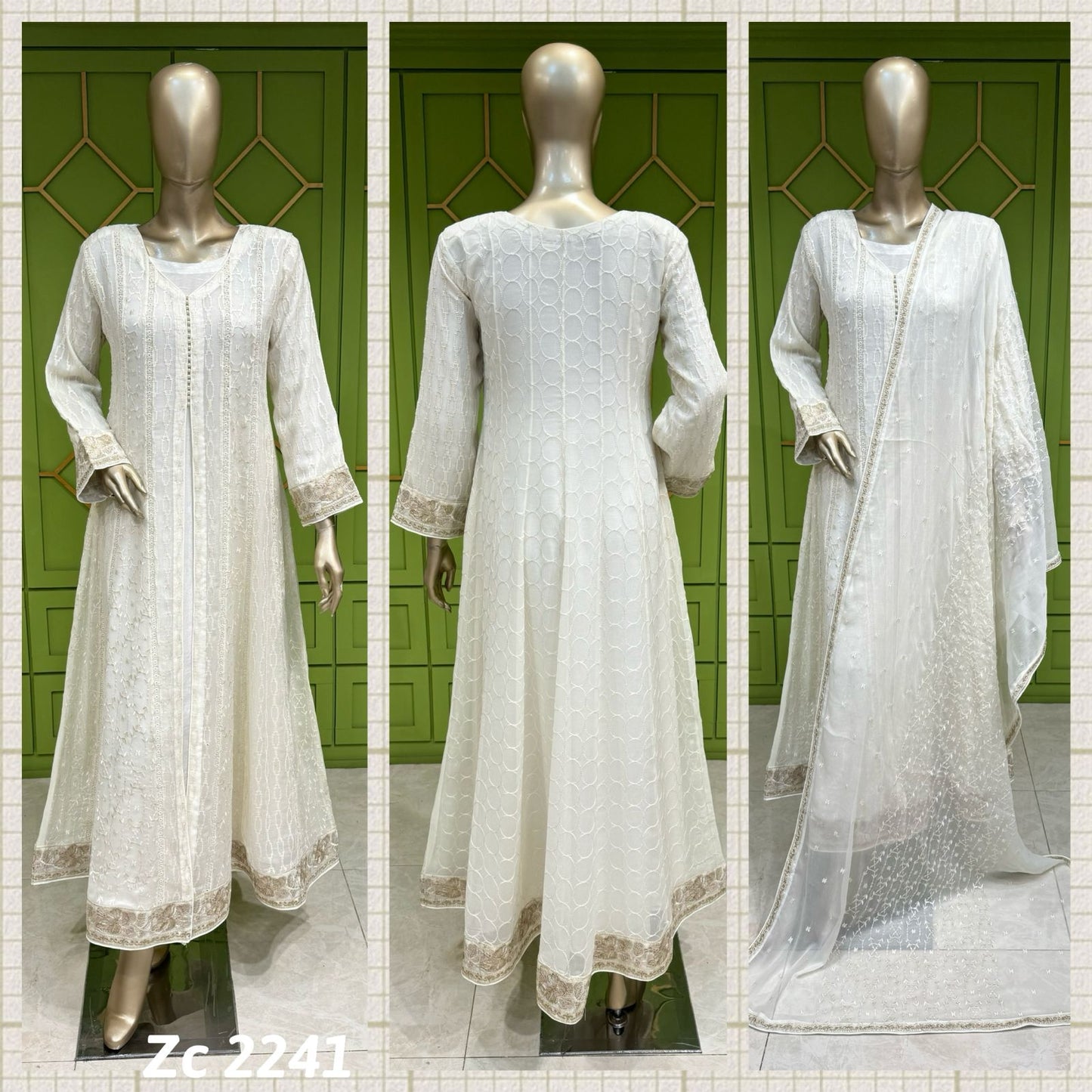 White embroidered Gown with Inner shirt, trouser & All over Embroidered Dupatta