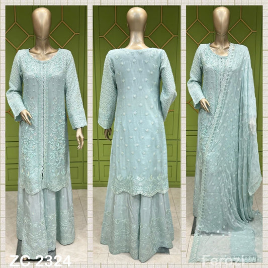 Azure Scalloped Open Shirt with Embroidery pairs with Embroidered Sharara and Dupatta