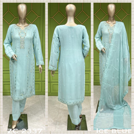 Ice Blue Embellished and Embroidered Shirt with Bordered Dupatta and Straight Trouser