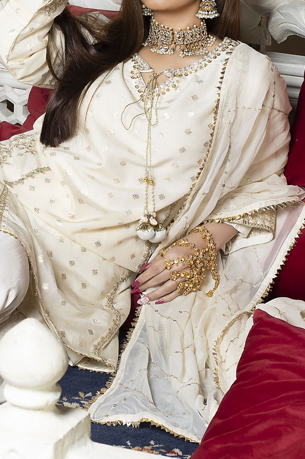 Off-white Jacquard Embroidered Shirt with Viscose three layered Gharara pairs with Chiffon Dupatta