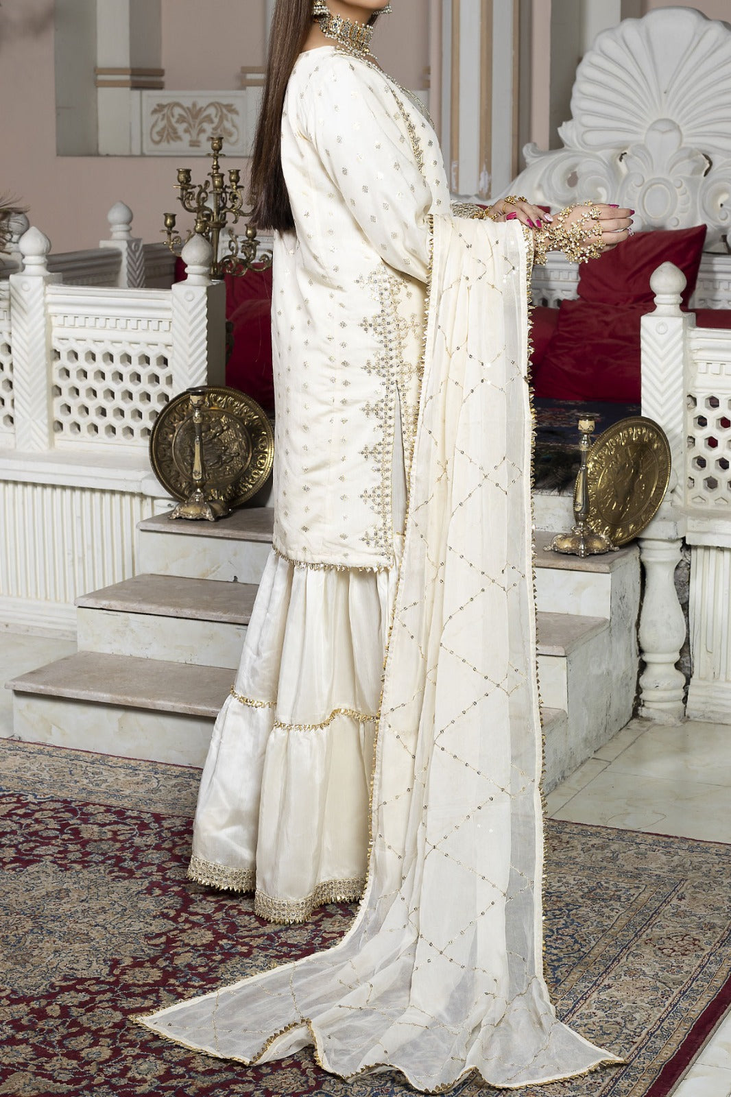 Off-white Jacquard Embroidered Shirt with Viscose three layered Gharara pairs with Chiffon Dupatta