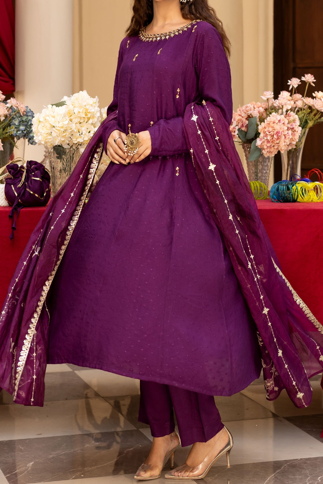 Plum embellished Jacquard A-line frock with viscose trouser and embroidered silk organza dupatta