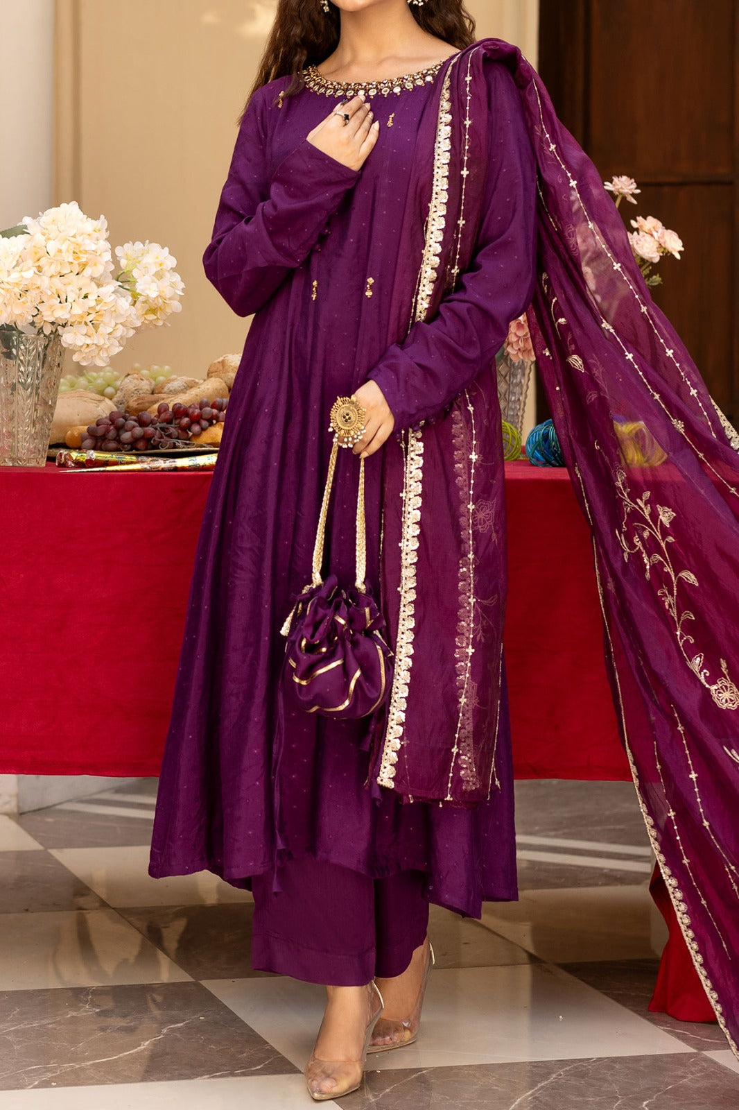 Plum embellished Jacquard A-line frock with viscose trouser and embroidered silk organza dupatta