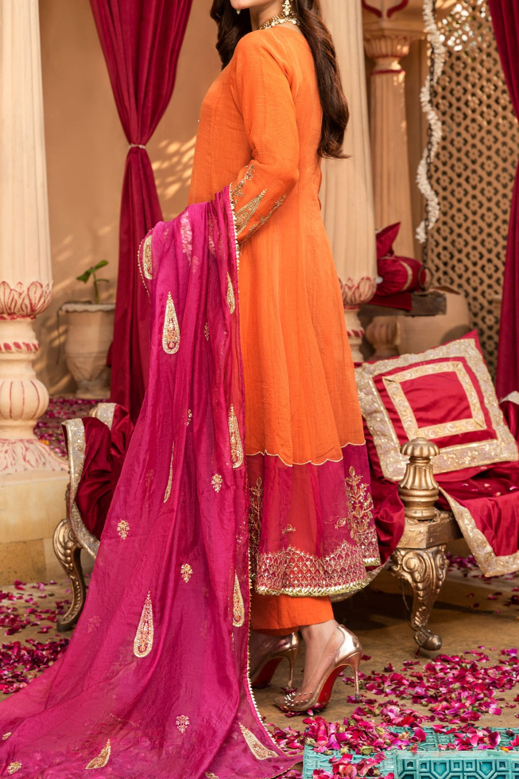 Orange frock with embroidery and mirror work neckline and viscose trouser and silk organza dupatta