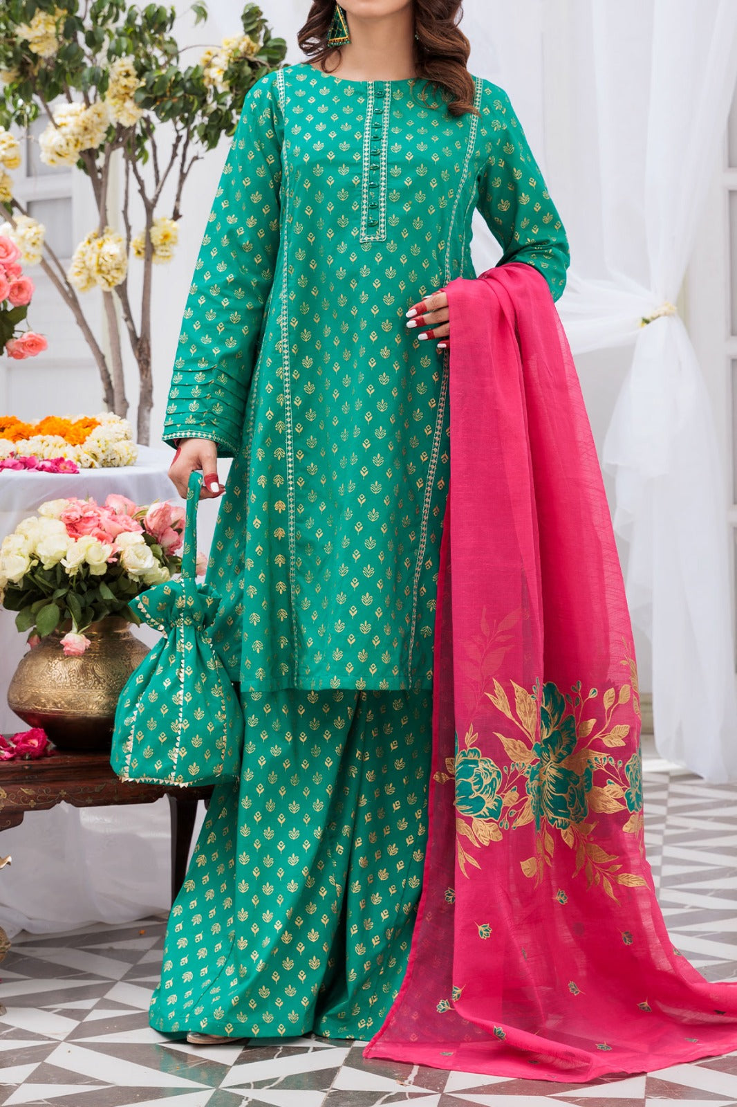 Green Embroidered Screen printed Cambric frock with Culottes and Slub Organza Dupatta