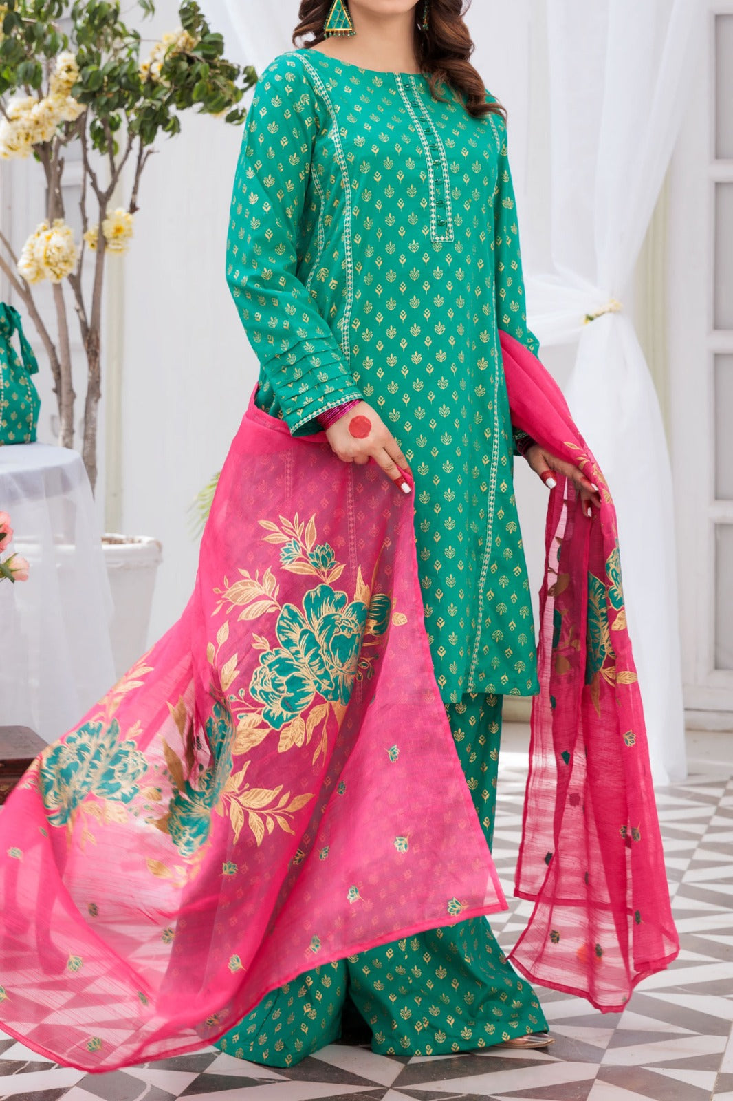 Green Embroidered Screen printed Cambric frock with Culottes and Slub Organza Dupatta