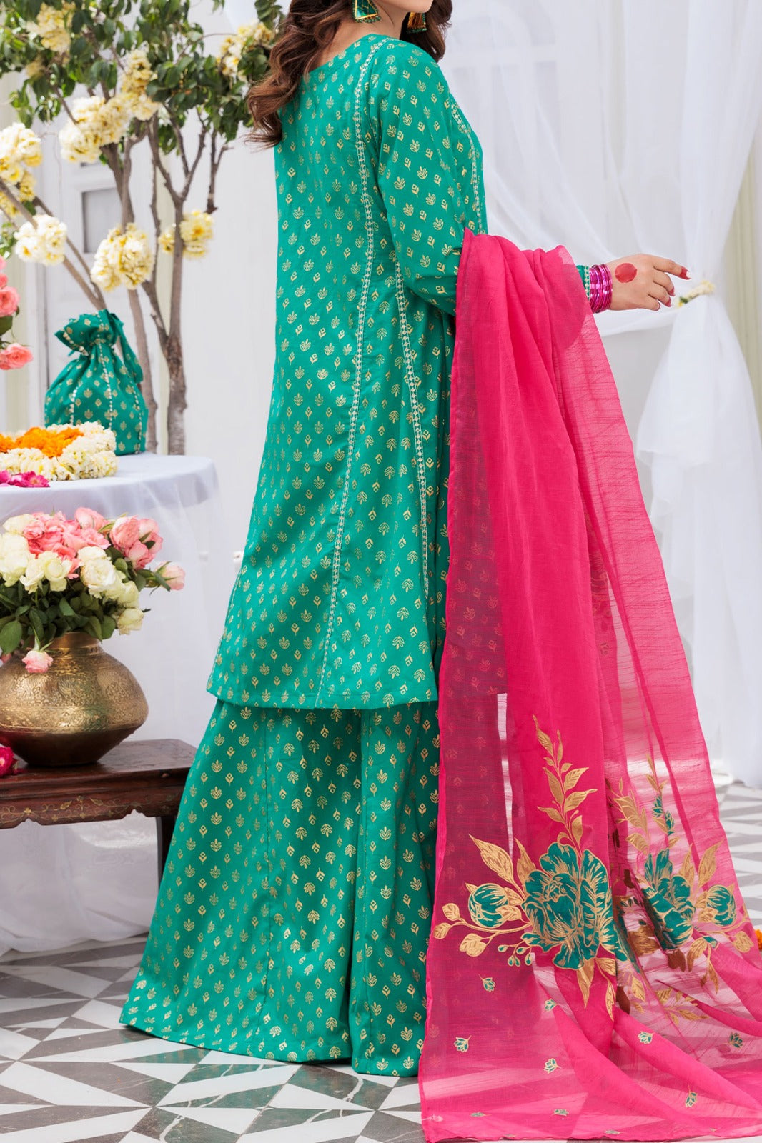 Green Embroidered Screen printed Cambric frock with Culottes and Slub Organza Dupatta