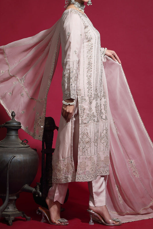 Light Pink Embroidered Embellished Viscose Shirt wih Chiffon dupatta pairs with straight Trouser