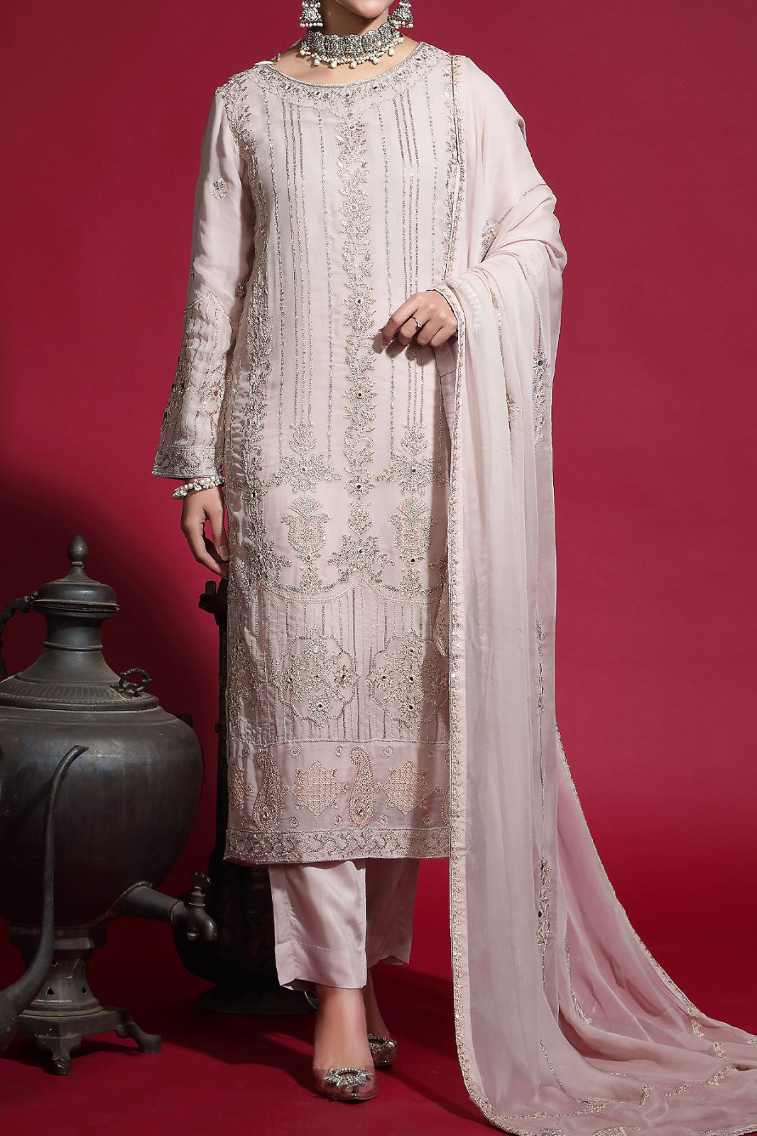 Light Pink Embroidered Embellished Viscose Shirt wih Chiffon dupatta pairs with straight Trouser