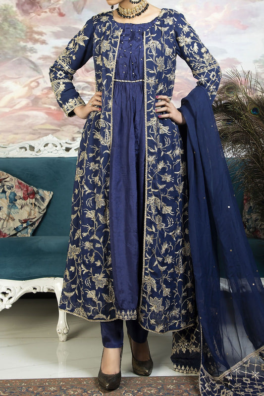 Blue Open Gown style Maxi with Embroidery and Hand embellishments comes with chiffon dupatta and straight trousers.