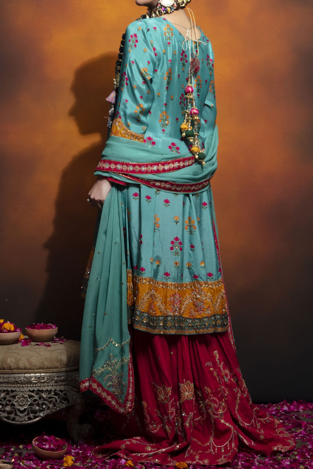 Blue Viscose screen printed embellished frock with red embroidered Sharara pairs with chiffon dupatta