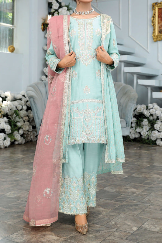 Blue embroidered Chiffon gown with cuollotes and Pink slub organza dupatta