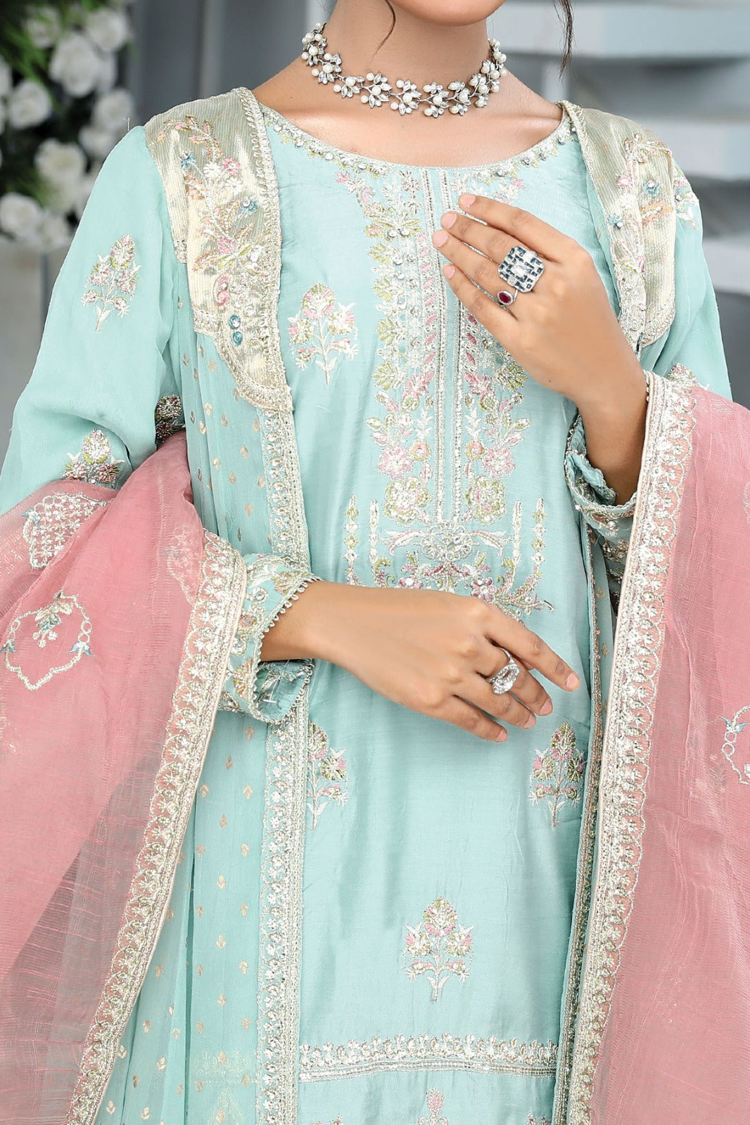 Blue embroidered Chiffon gown with cuollotes and Pink slub organza dupatta