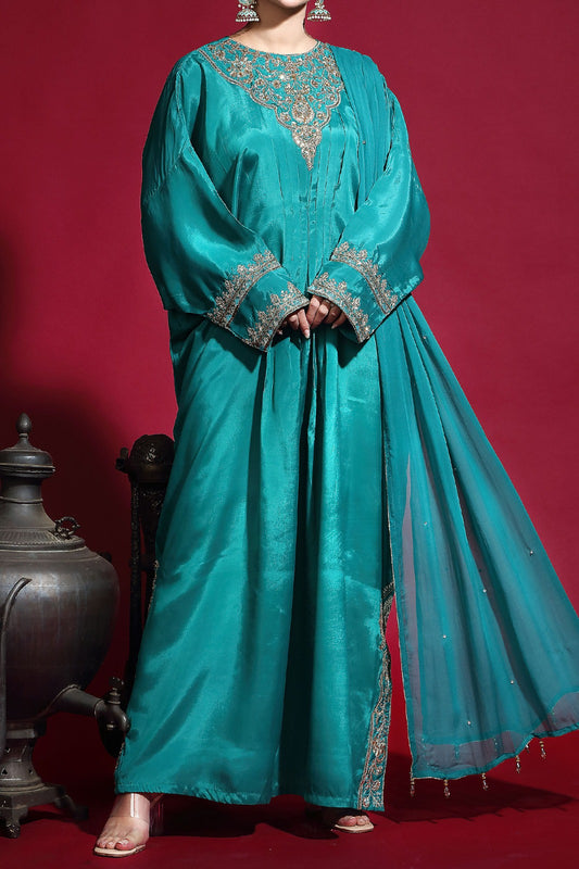 Blue Viscose embroidered Neckline Kaftan Style Maxi with straight trouser and Chiffon dupatta