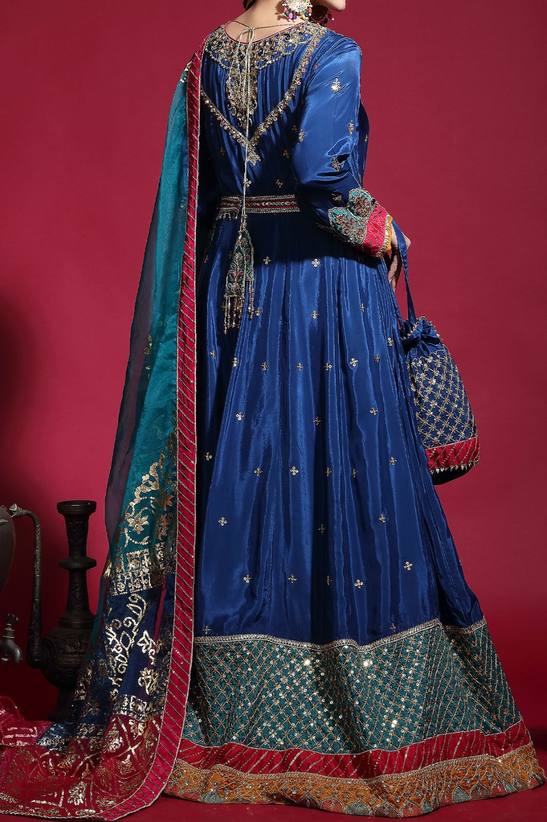 Royal Blue embroidered & embellsihed long Maxi with patch work at bottom comes with Organza Jacquard Dupatta, pairs with straight trouser