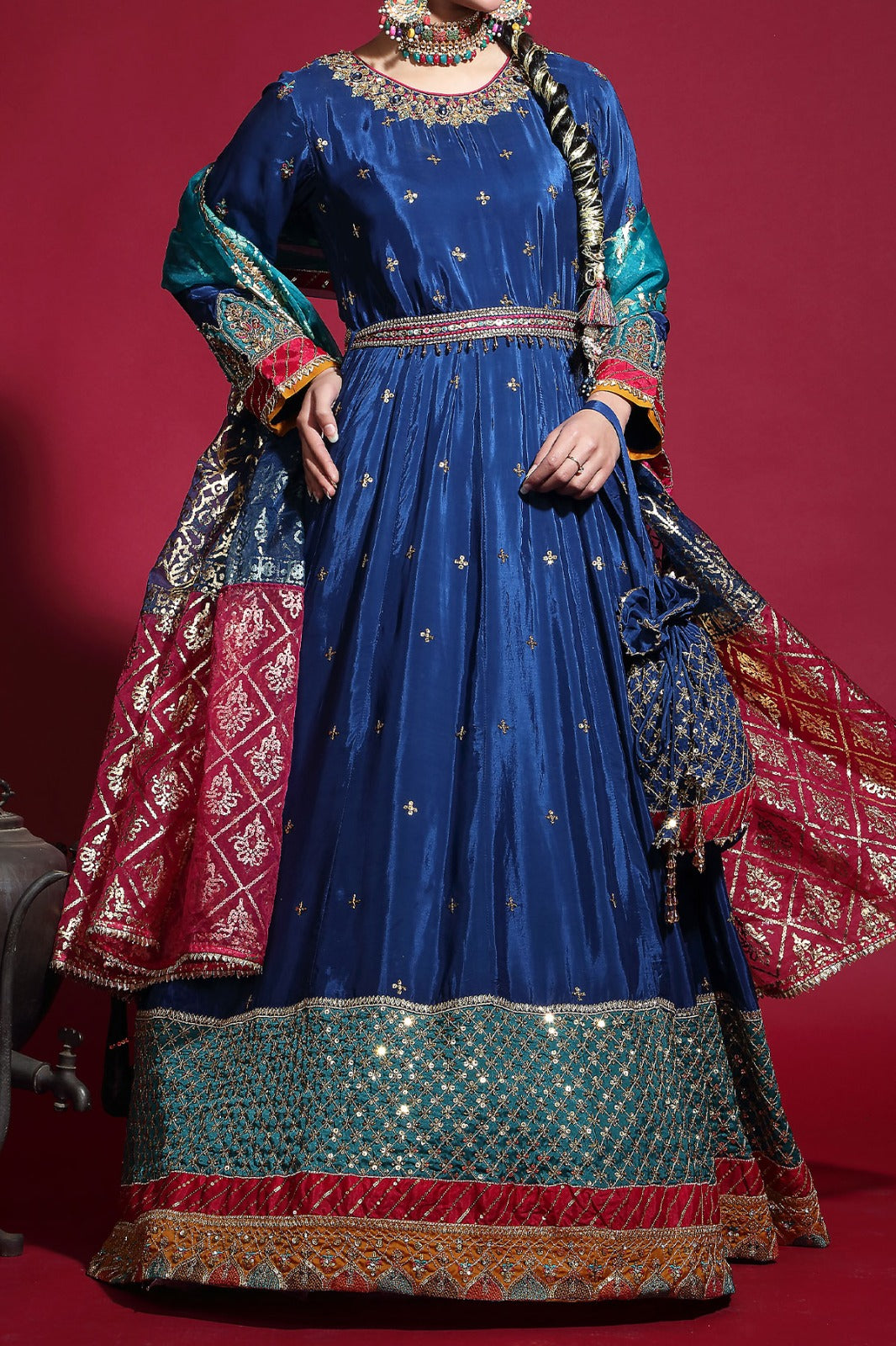Royal Blue embroidered & embellsihed long Maxi with patch work at bottom comes with Organza Jacquard Dupatta, pairs with straight trouser