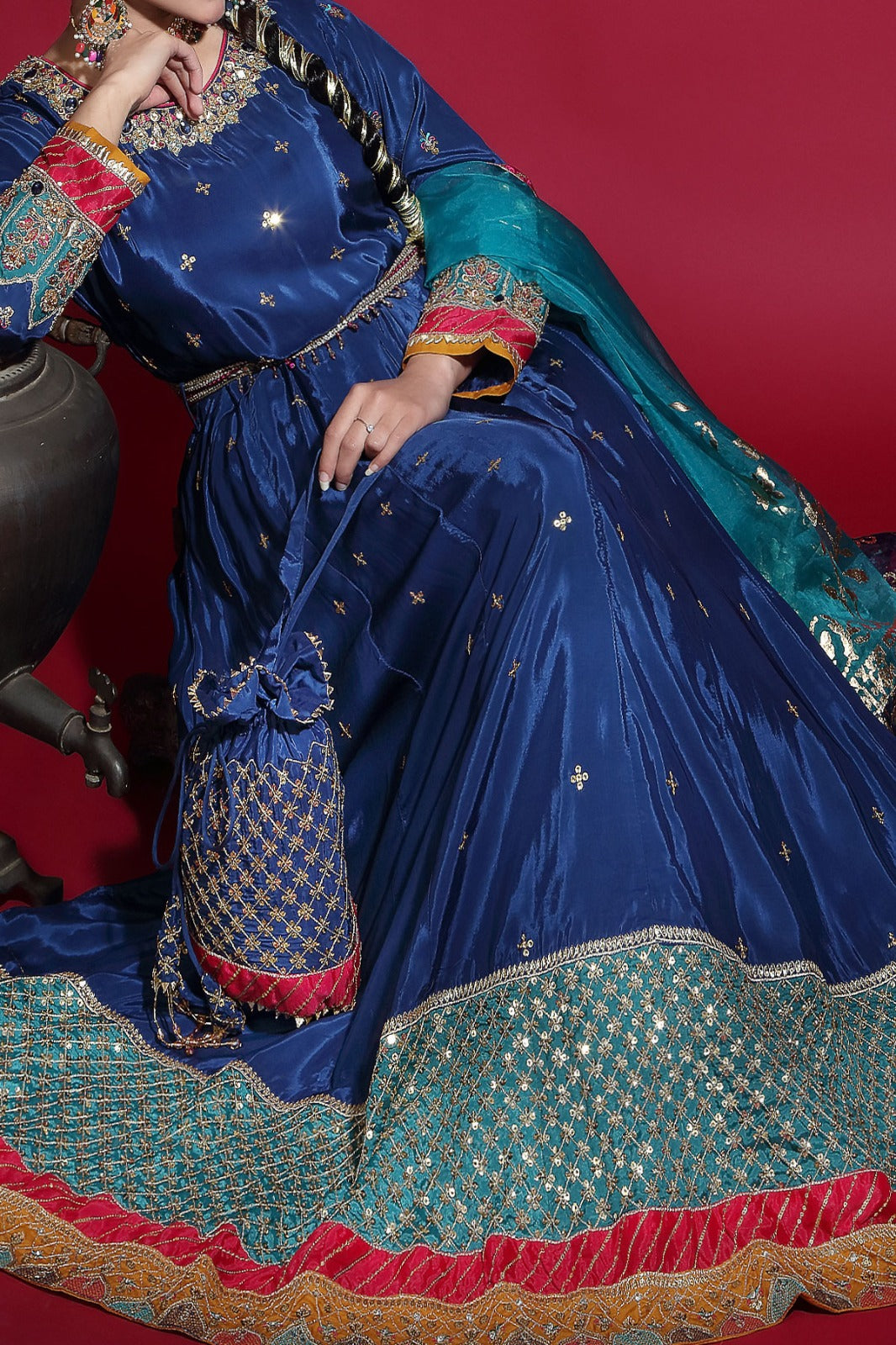 Royal Blue embroidered & embellsihed long Maxi with patch work at bottom comes with Organza Jacquard Dupatta, pairs with straight trouser