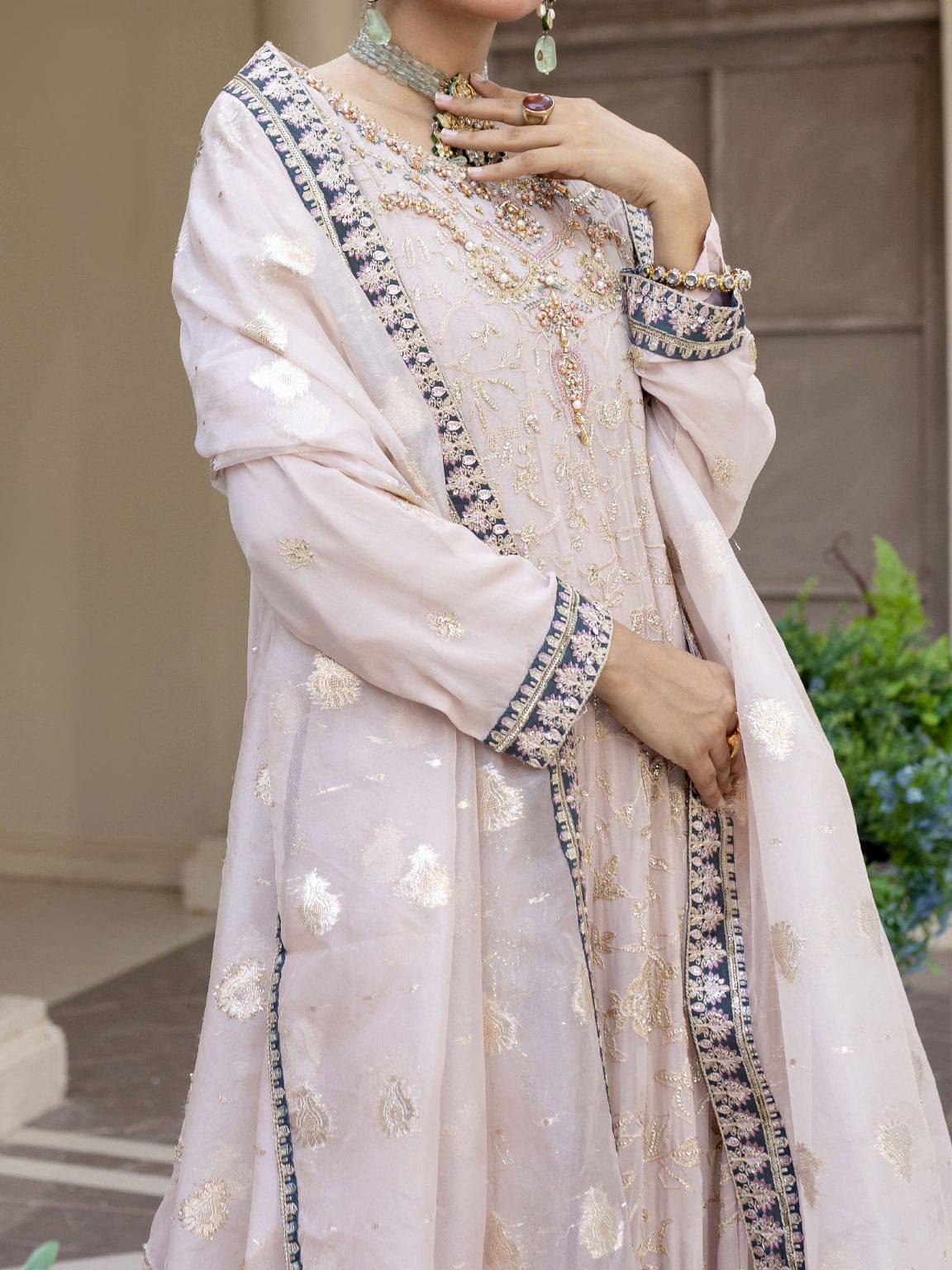 Light Pink embroidered and embellished Chiffon long frock with Viscose Churidaar pairs with embroidered organza dupatta with embellished border