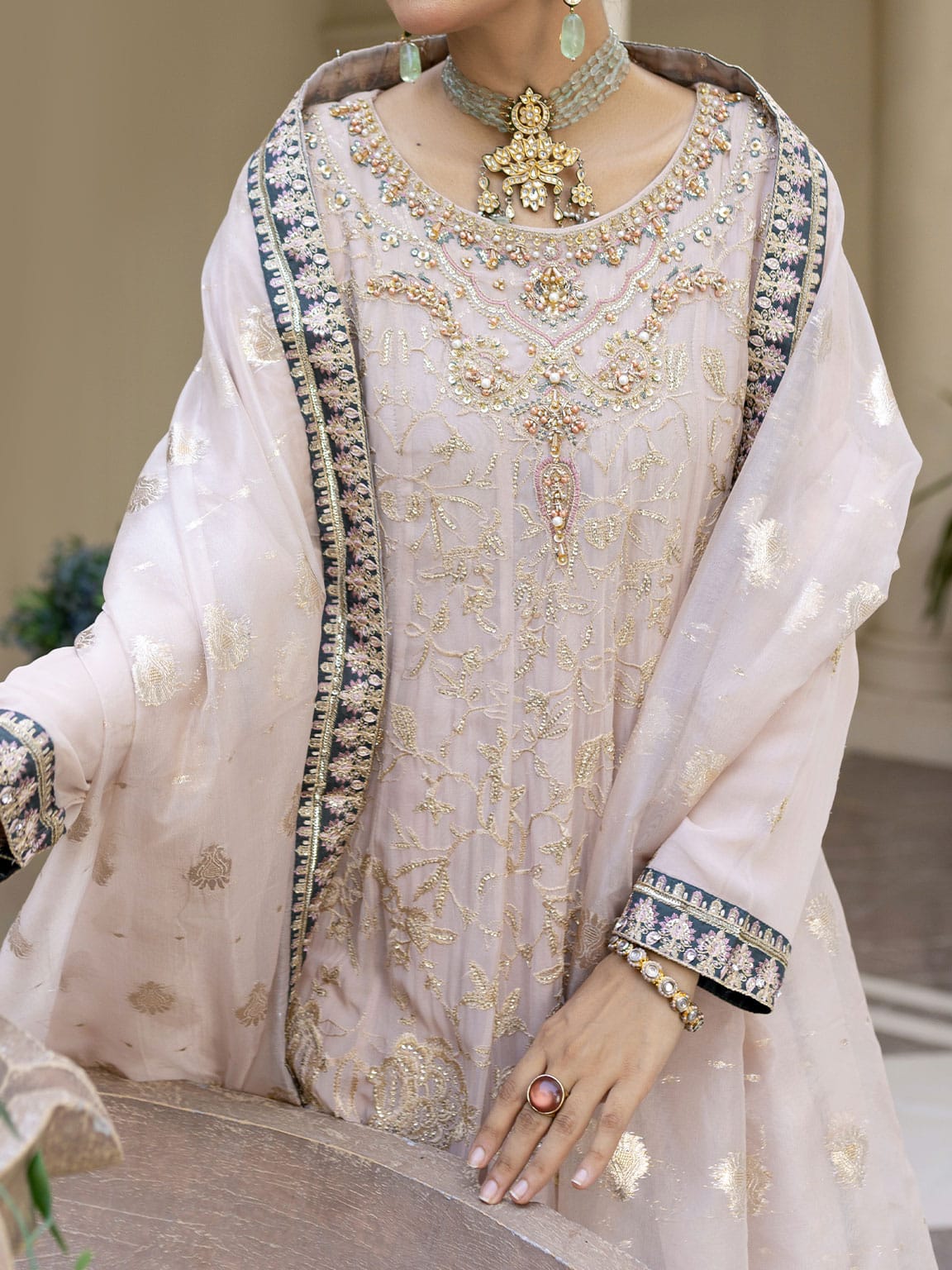 Light Pink embroidered and embellished Chiffon long frock with Viscose Churidaar pairs with embroidered organza dupatta with embellished border