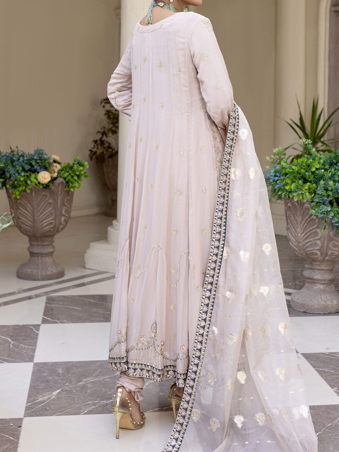 Light Pink embroidered and embellished Chiffon long frock with Viscose Churidaar pairs with embroidered organza dupatta with embellished border