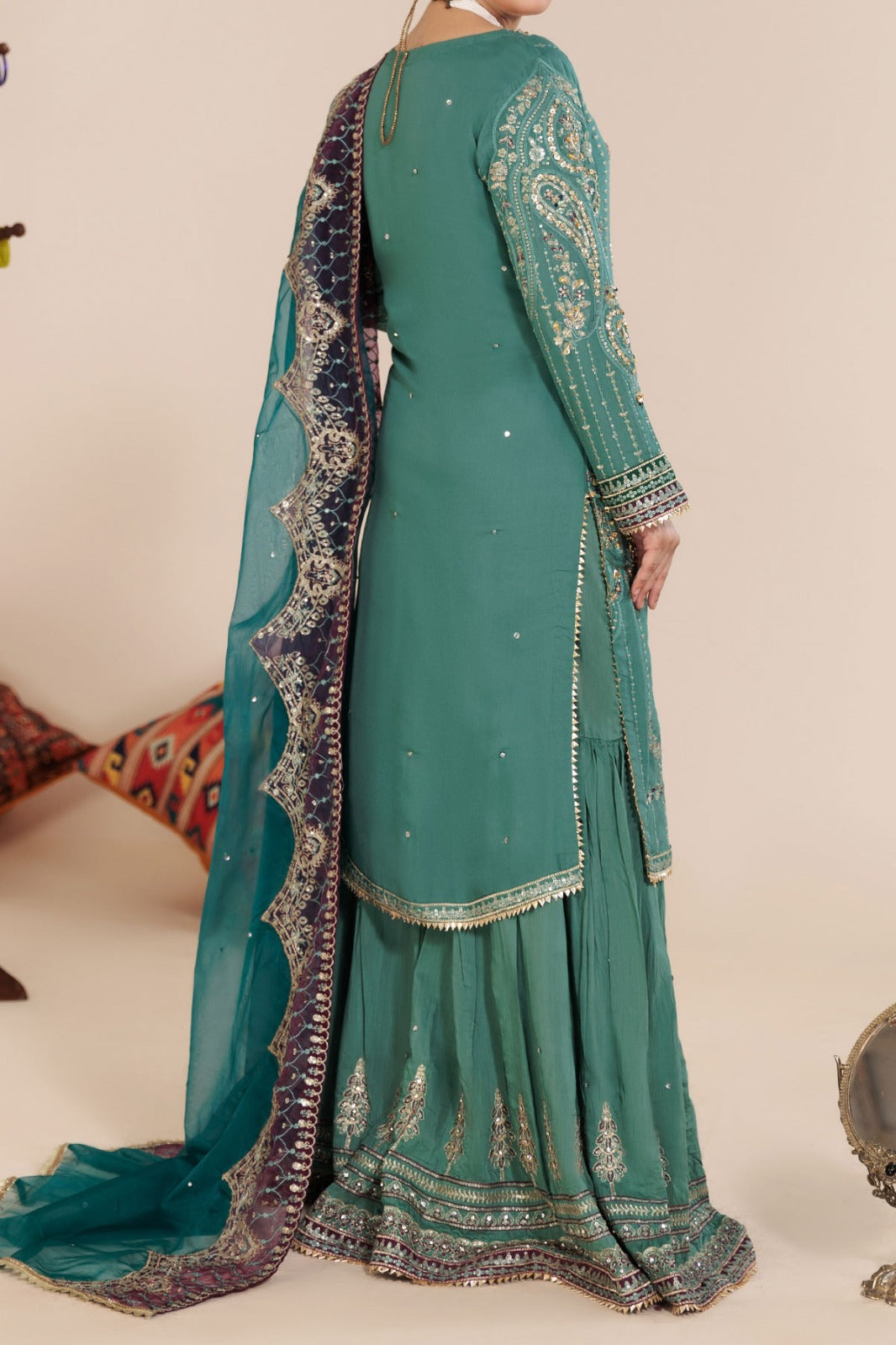 Powder Blue Chiffon Embellished and Embroidered shirt with Viscose gharara pairs with Organza Dupatta