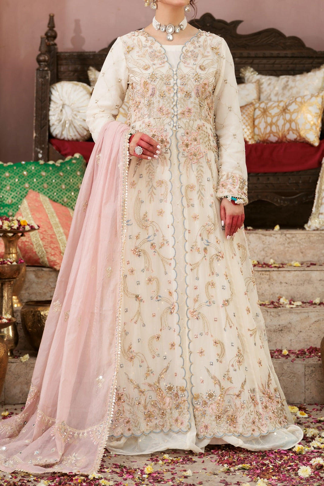 Off-white Chiffon Open Gown with Scalloped finish comes with embroidered inner maxi and Sharara, pairs with Blush Pink Dupatta with Gotta finish