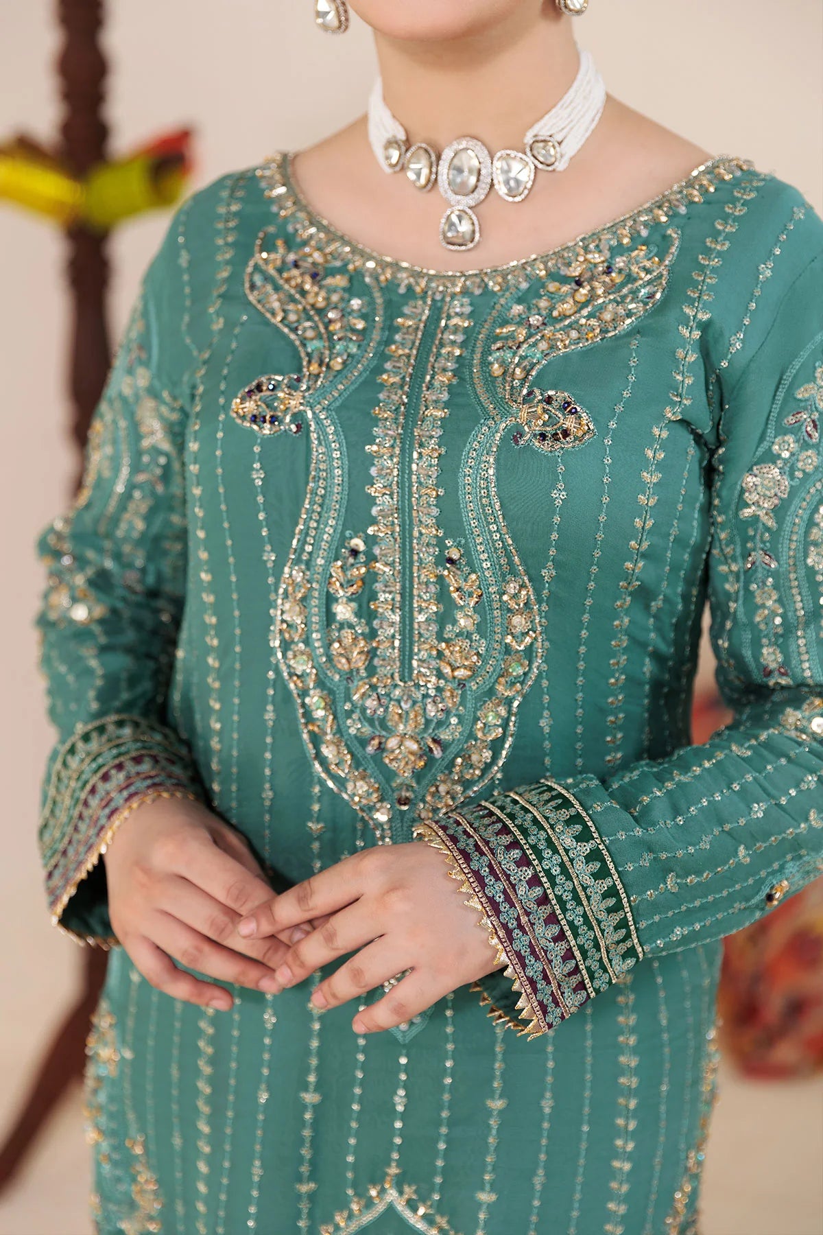 Powder Blue Chiffon Embellished and Embroidered shirt with Viscose gharara pairs with Organza Dupatta