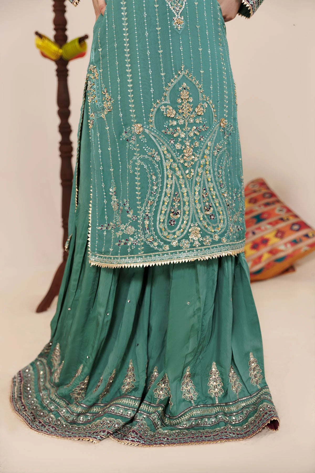 Powder Blue Chiffon Embellished and Embroidered shirt with Viscose gharara pairs with Organza Dupatta