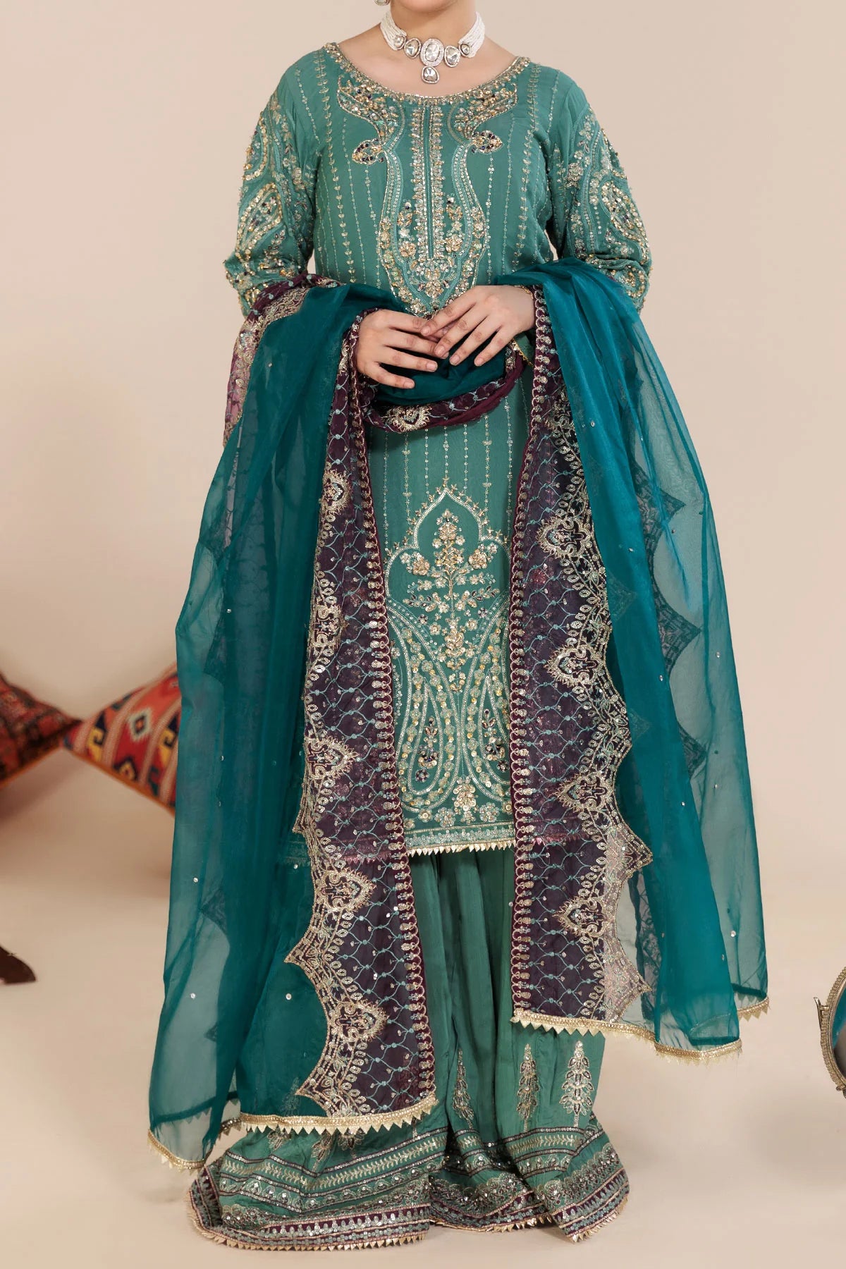 Powder Blue Chiffon Embellished and Embroidered shirt with Viscose gharara pairs with Organza Dupatta