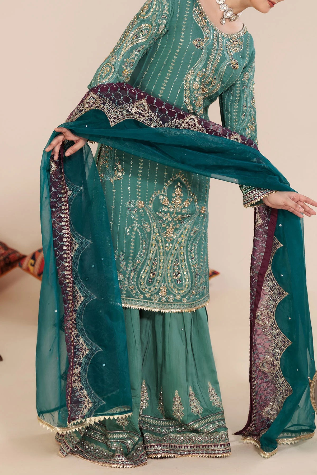 Powder Blue Chiffon Embellished and Embroidered shirt with Viscose gharara pairs with Organza Dupatta